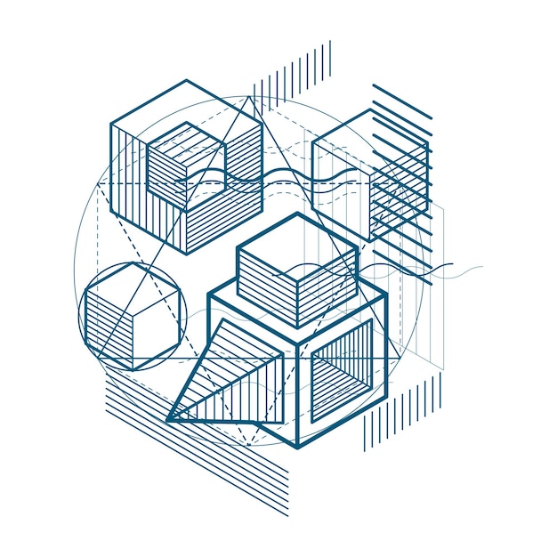 等角投影線と図形の抽象的なベクトルの背景。立方体、六角形、正方形、長方形、およびさまざまな抽象的な要素。