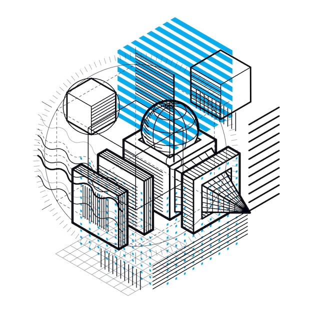 벡터 아이소메트릭 선과 모양이 있는 추상 벡터 배경입니다. 큐브, 육각형, 정사각형, 직사각형 및 다양한 추상 요소.