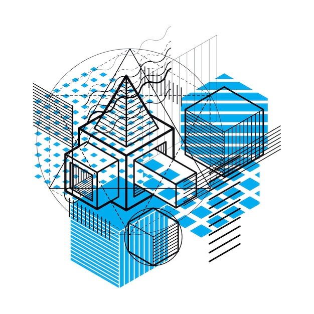 等角投影線と図形の抽象的なベクトルの背景。立方体、六角形、正方形、長方形、およびさまざまな抽象的な要素。