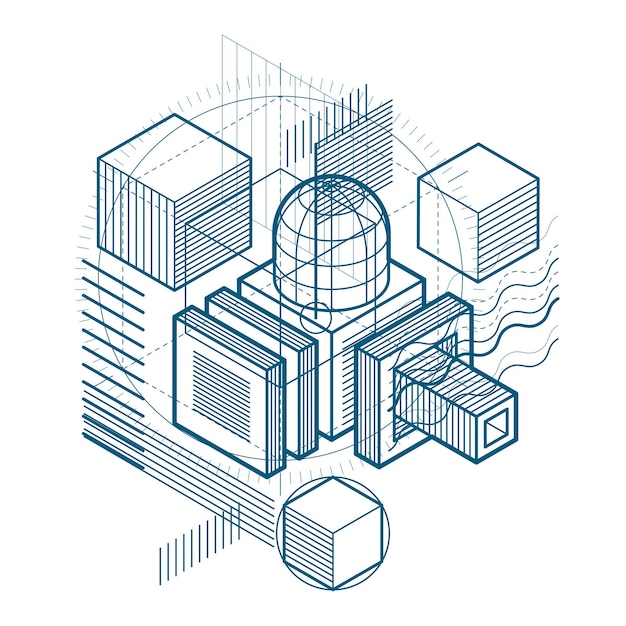 Abstract vector background with isometric lines and shapes. Cubes, hexagons, squares, rectangles and different abstract elements.