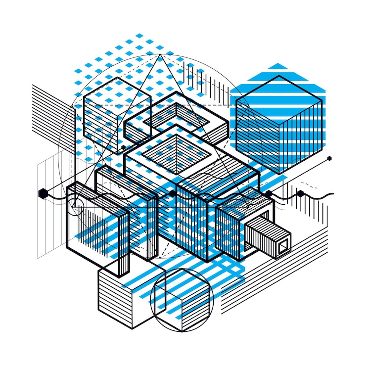 Vector abstract vector background with isometric lines and shapes. cubes, hexagons, squares, rectangles and different abstract elements.
