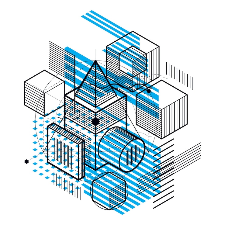 Vector abstract vector background with isometric lines and shapes. cubes, hexagons, squares, rectangles and different abstract elements.