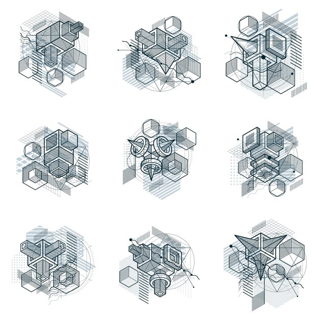 Abstract vector backgrounds with isometric lines and shapes. Cubes, hexagons, squares, rectangles and different abstract elements. Vector collection.