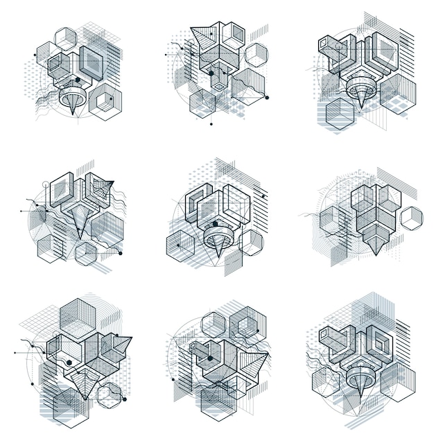 Abstract vector backgrounds with isometric lines and shapes. Cubes, hexagons, squares, rectangles and different abstract elements. Vector collection.