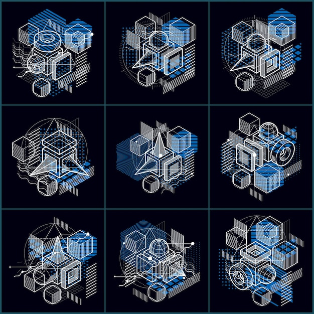 Sfondi vettoriali astratti con linee e forme isometriche. cubi, esagoni, quadrati, rettangoli e diversi elementi astratti. raccolta vettoriale.