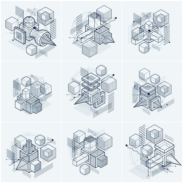 Vector abstract vector backgrounds with isometric lines and shapes. cubes, hexagons, squares, rectangles and different abstract elements. vector collection.