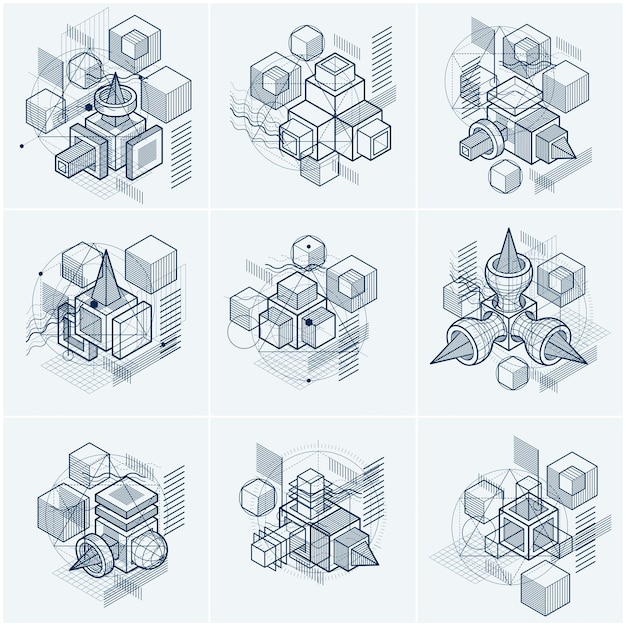 Abstract vector backgrounds with isometric lines and shapes. Cubes, hexagons, squares, rectangles and different abstract elements. Vector collection.