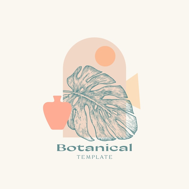 Segno botanico astratto di vettore, etichetta o modello di logo. foglia di palma monstera disegnata a mano attraverso la finestra dell'arca. design contemporaneo di eblem per stampa di abbigliamento, carta da parati. isolato