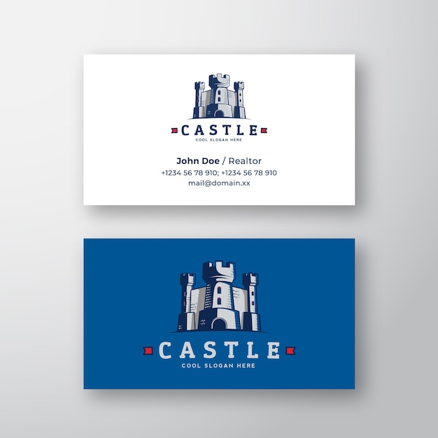 Абстрактный векторный логотип замка и шаблон визитной карточки символ крепости королевство значок силуэт башни ...
