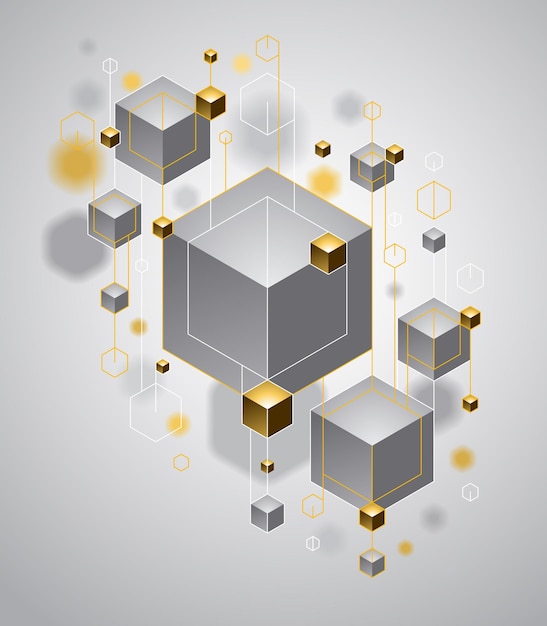 Abstract vector design with cluster of 3D cubes with golden elements vector design, luxury or jewelry color style, can be used for technology and science abstraction art.