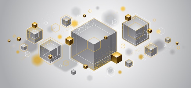 Abstract vector design with cluster of 3D cubes with golden elements vector design luxury or jewelry color style can be used for technology and science abstraction art
