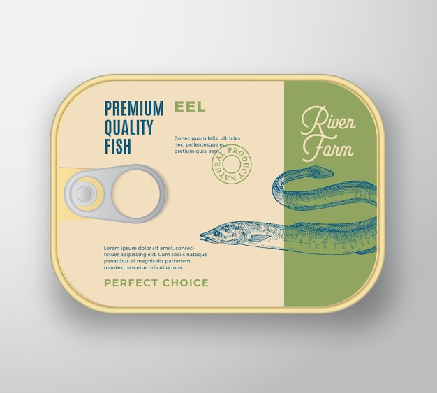 Vector abstract vector fish aluminium container with label cover retro premium canned packaging design modern typography and hand drawn eel silhouette background layout