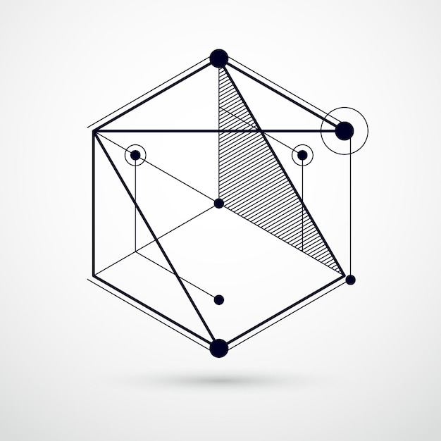 미래 스타일 흑백 템플릿 구성에서 추상적인 벡터 기하학적 3D 요소입니다. 기술 계획은 웹 디자인 및 배경 화면 또는 배경으로 사용할 수 있습니다.