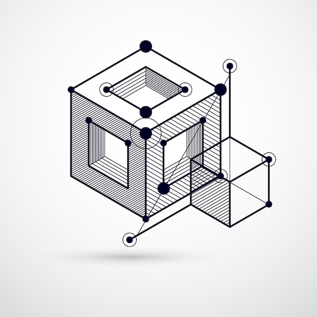 Elementi 3d geometrici di vettore astratto nella composizione del modello in bianco e nero di stile futuristico. il piano tecnico può essere utilizzato nel web design e come sfondo o sfondo.