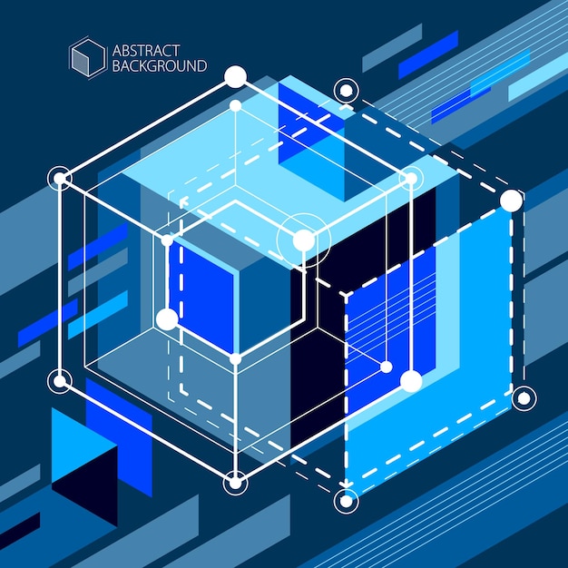 Abstract vector geometric 3D elements in futuristic style blue black template composition. Technical plan can be used in web design and as wallpaper or background.