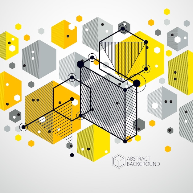 미래 스타일 노란색 템플릿 구성에서 추상적인 벡터 기하학적 3d 요소입니다. 기술 계획은 웹 디자인 및 배경 화면 또는 배경으로 사용할 수 있습니다.