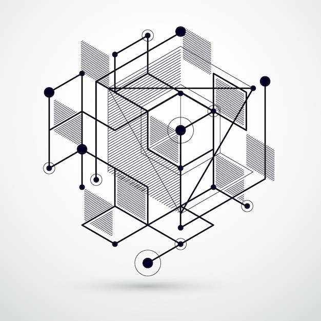 Abstract vector geometric isometric black and white background. Mechanical scheme, vector engineering drawing with cube and geometric mechanism parts.