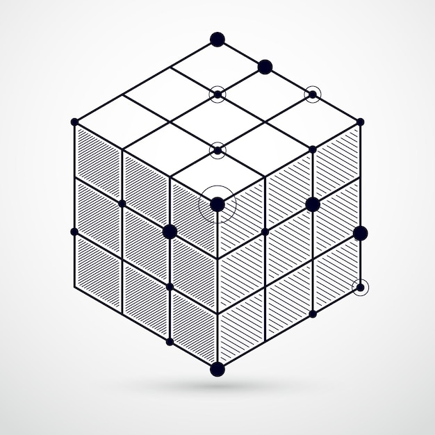 抽象的なベクトル幾何学的等尺性黒と白の背景。機械スキーム、立方体および幾何学的メカニズム部品を使用したベクトルエンジニアリング図面。