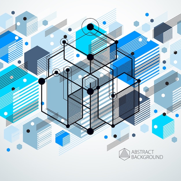 Vector abstract vector geometric isometric blue background. mechanical scheme, vector engineering drawing with cube and geometric mechanism parts.