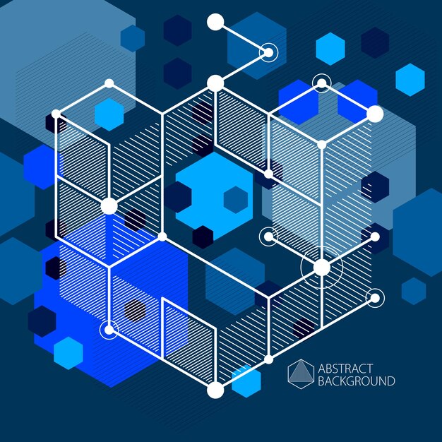 抽象的なベクトル幾何学的等角投影紺色の背景。機械スキーム、立方体および幾何学的メカニズム部品を使用したベクトルエンジニアリング図面。