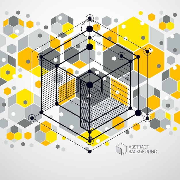 Abstract vector geometric isometric yellow background. mechanical scheme, vector engineering drawing with cube and geometric mechanism parts.