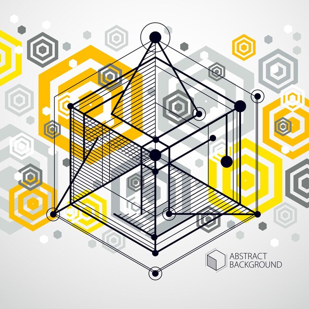 Abstract vector geometric isometric yellow background. Mechanical scheme, vector engineering drawing with cube and geometric mechanism parts.