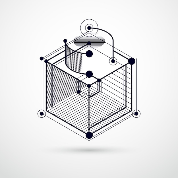 Abstract vector geometrische 3D-elementen in futuristische stijl zwart-wit sjabloon samenstelling. Technisch plan kan worden gebruikt in webdesign en als wallpaper of achtergrond.