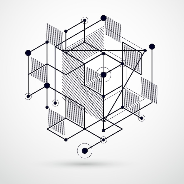 Abstract vector geometrische isometrische zwart-witte achtergrond. Mechanisch schema, vector technische tekening met kubus en geometrische mechanisme onderdelen.