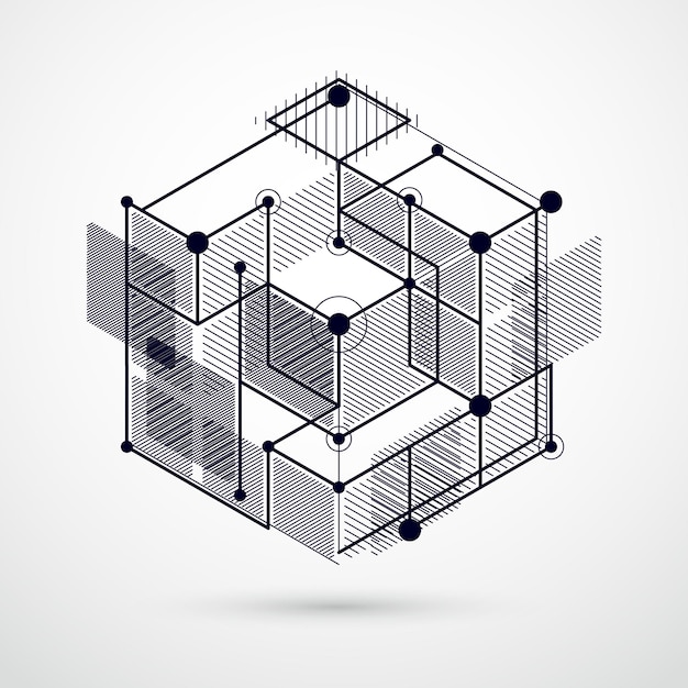 Vector abstract vector geometrische isometrische zwart-witte achtergrond. mechanisch schema, vector technische tekening met kubus en geometrische mechanisme onderdelen.