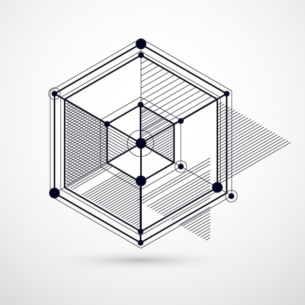 Abstract vector geometrische isometrische zwart-witte achtergrond. Mechanisch schema, vector technische tekening met kubus en geometrische mechanisme onderdelen.