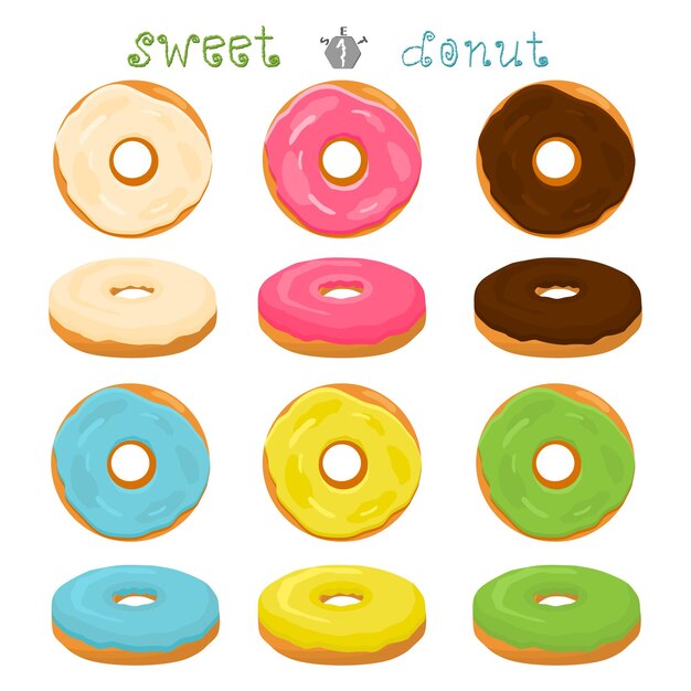 Abstract vector icon illustration logo for glazed sweet donut Donut pattern consisting of heap of different colored confection doughnuts Eat tasty cakes donuts doughnut covered in chocolate cream