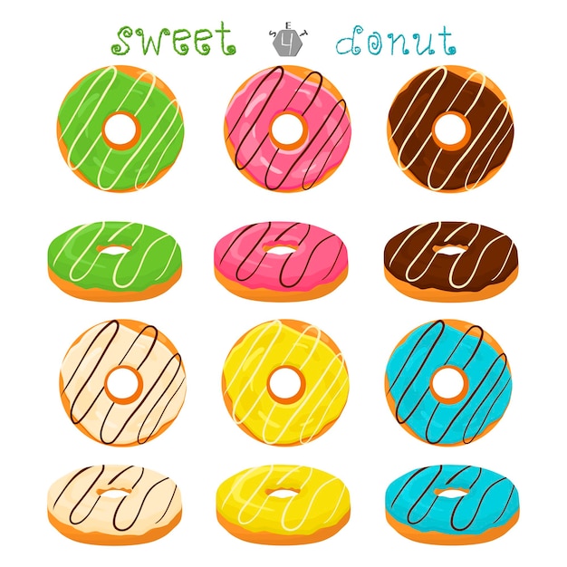 Abstract vector icon illustration logo for glazed sweet donut Donut pattern consisting of heap of different colored confection doughnuts Eat tasty cakes donuts doughnut covered in chocolate cream