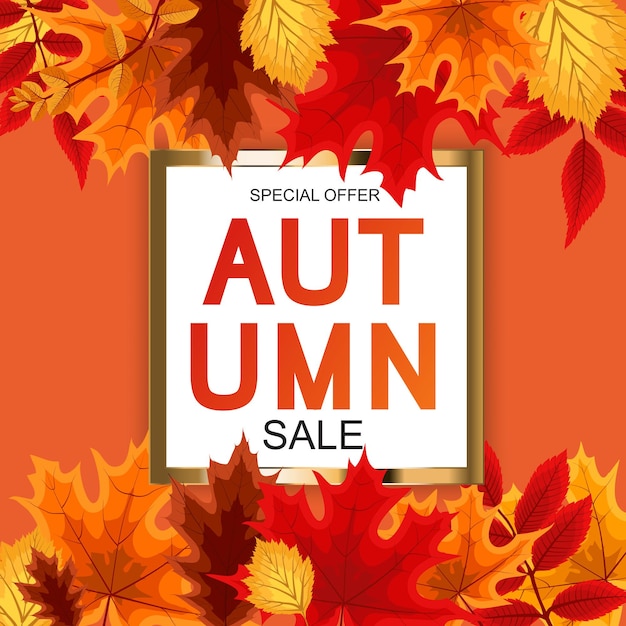 Abstract Vector Illustration Autumn Sale Background with Falling Autumn Leaves