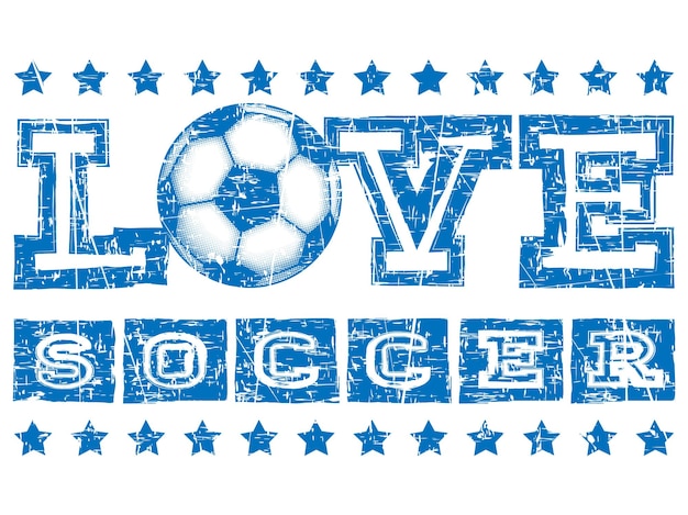 Abstract vector illustration scratched blue inscription love soccer with football ball Design for print on fabric or tshirt