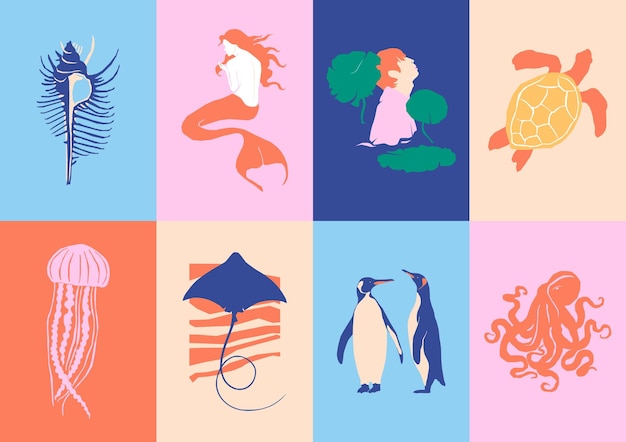 Set di illustrazioni vettoriali astratte di fauna selvatica, animali, vita marina per il branding, social media