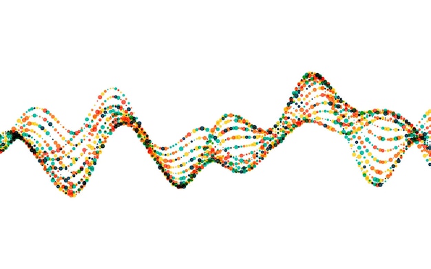 白い背景の上の粒子と波の抽象的なベクトルイラスト。多くの点の線で未来的な背景。ポスター、表紙、バナー、プラカードのパターンデザイン