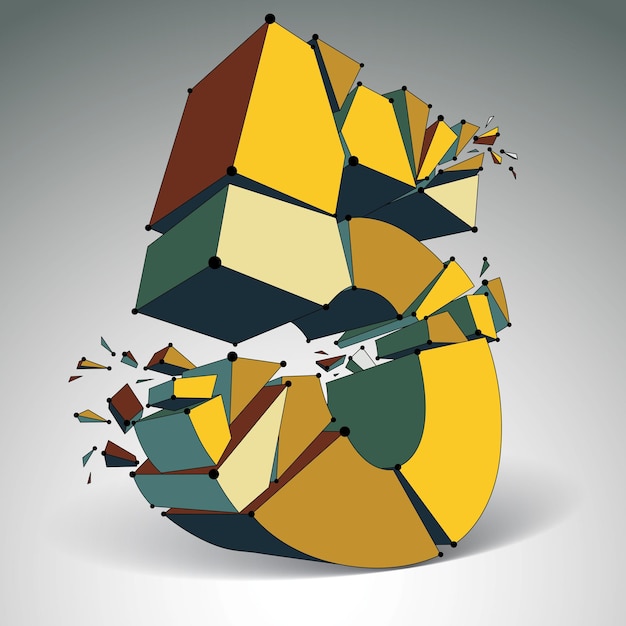 Abstract vector laag poly gesloopt nummer 5 met zwarte lijnen en stippen verbonden. 3d origami gesloopt futuristisch kleurrijk lettertype met lijnengaas.