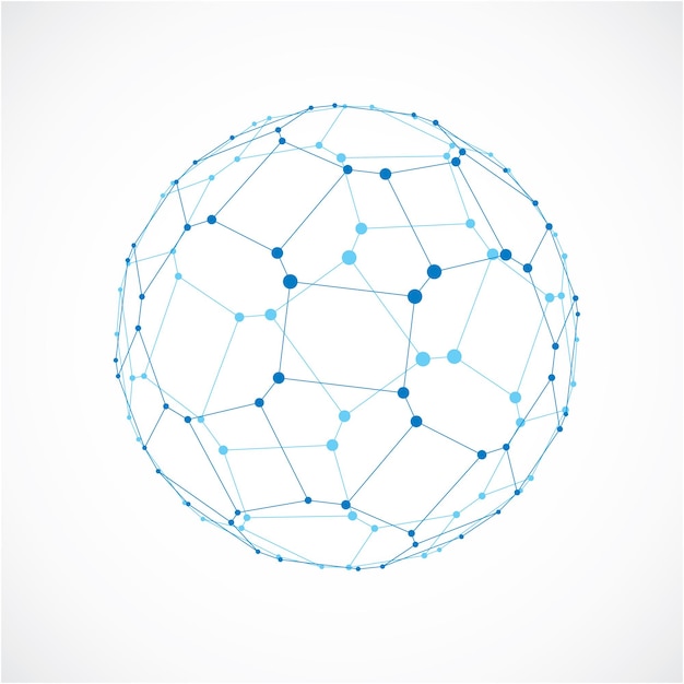 Vector abstract vector laag poly-object met zwarte lijnen en punten aangesloten. blauwe 3d futuristische bal met overlappende lijnen mesh en geometrische figuren.
