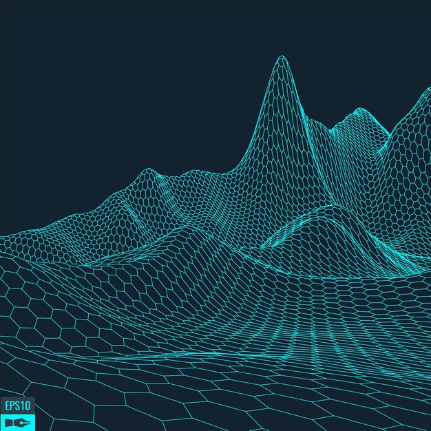 Абстрактный векторный ландшафтный фон Киберпространственная сетка 3d технология векторная иллюстрация