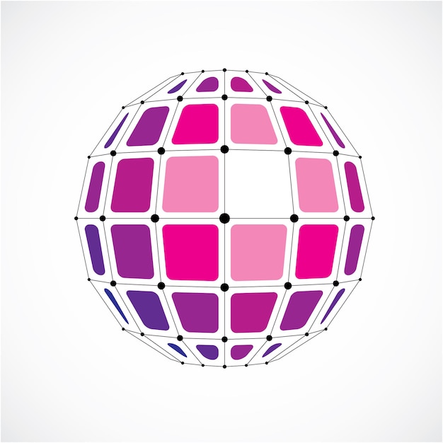 Abstract vector low poly object with black lines and dots connected. Purple 3d futuristic globe with overlapping lines mesh and squares.