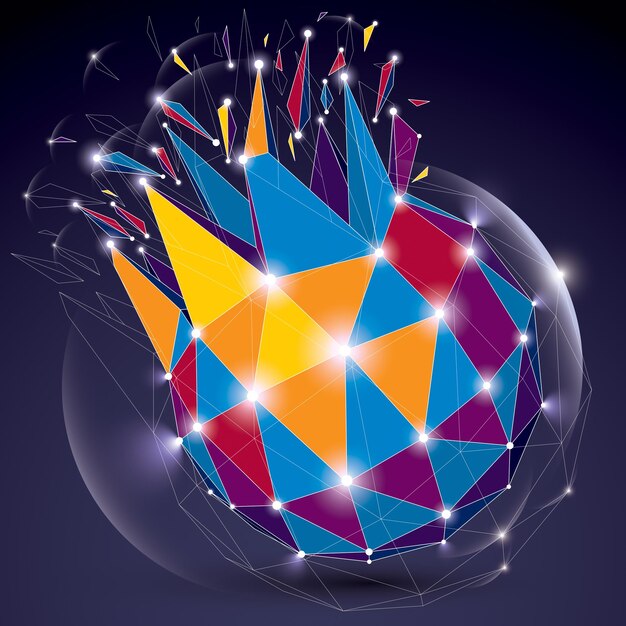 abstract vector low poly wrecked object with lines and dots connected. 3d origami broken futuristic form with lines mesh and fractures. light effect and glow element.