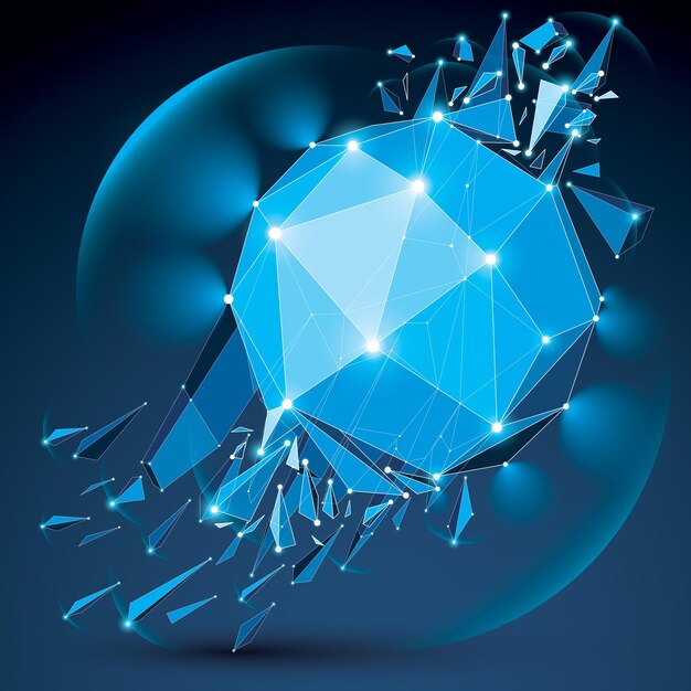 Abstract vector low poly wrecked object with white dotted lines connected. 3d origami broken blue futuristic form with lines mesh and fractures. Light effect and glow element.