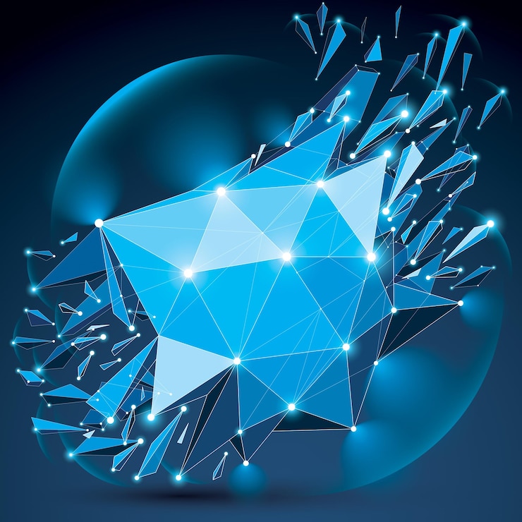 Vector abstract vector low poly wrecked object with white dotted lines connected. 3d origami broken blue futuristic form with lines mesh and fractures. light effect and glow element.
