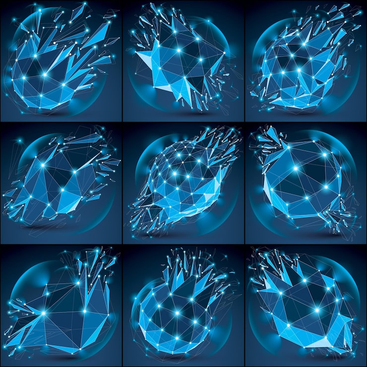 Vector abstract vector low poly wrecked objects with connected lines and dots. set of 3d digital broken futuristic forms with lines mesh and fractures. light effect and glow elements. sparkling objects.