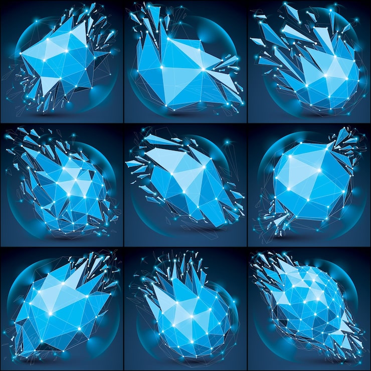Vector 연결된 선과 점이 있는 추상 벡터 낮은 폴리 난파된 개체입니다. 선 메쉬와 골절이 있는 3d 디지털 깨진 미래 형태의 집합입니다. 조명 효과 및 광선 요소입니다. 반짝이는 물체.