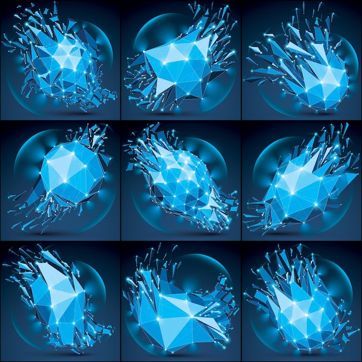 Vector 연결된 선과 점이 있는 추상 벡터 낮은 폴리 난파된 개체입니다. 선 메쉬와 골절이 있는 3d 디지털 깨진 미래 형태의 집합입니다. 조명 효과 및 광선 요소입니다. 반짝이는 물체.