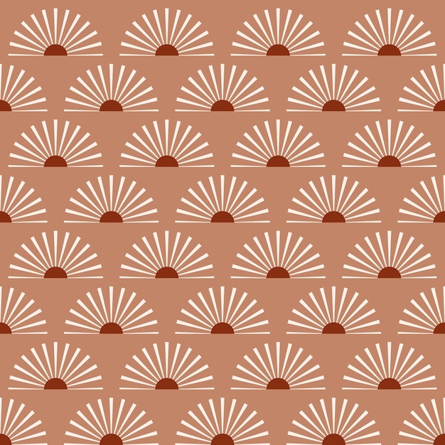 Abstract vector naadloos patroon met midcentury minimalistisch design terracotta zonnen met lichtstralen Zonsopgang of een zonsondergang op een beige backgroundx9