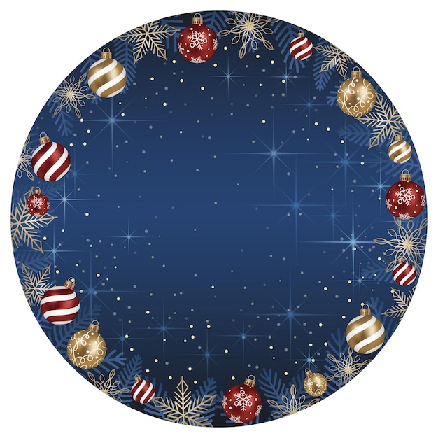 Abstract vector ronde frame illustratie met kerstballen en lichtgevende blauwe achtergrond.