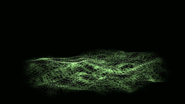 Vector 중앙에 모션 점과 선을 가진 추상적인 터 기술 파동, 디지털 배경의 가상 현실에서 ai, 와이어 프레임 텍스처, 역동적 분석, 네트워크 연결 데이터