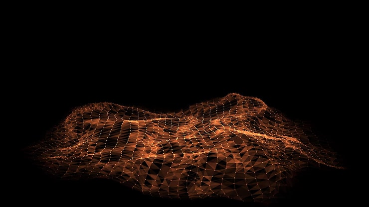 Вектор абстрактная векторная технология волна в центре с движущимися точками и линиями ии в виртуальной реальности на цифровом фоне wireframe текстура динамический анализ данных сетевого соединения